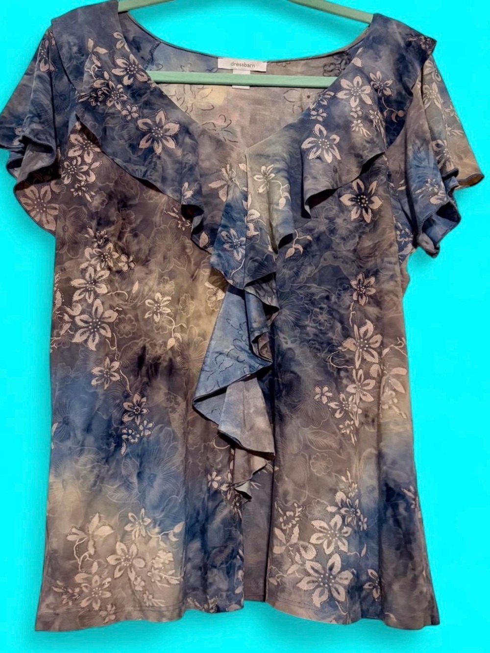 dressbarn Blue Floral Ruffle Front Blouse